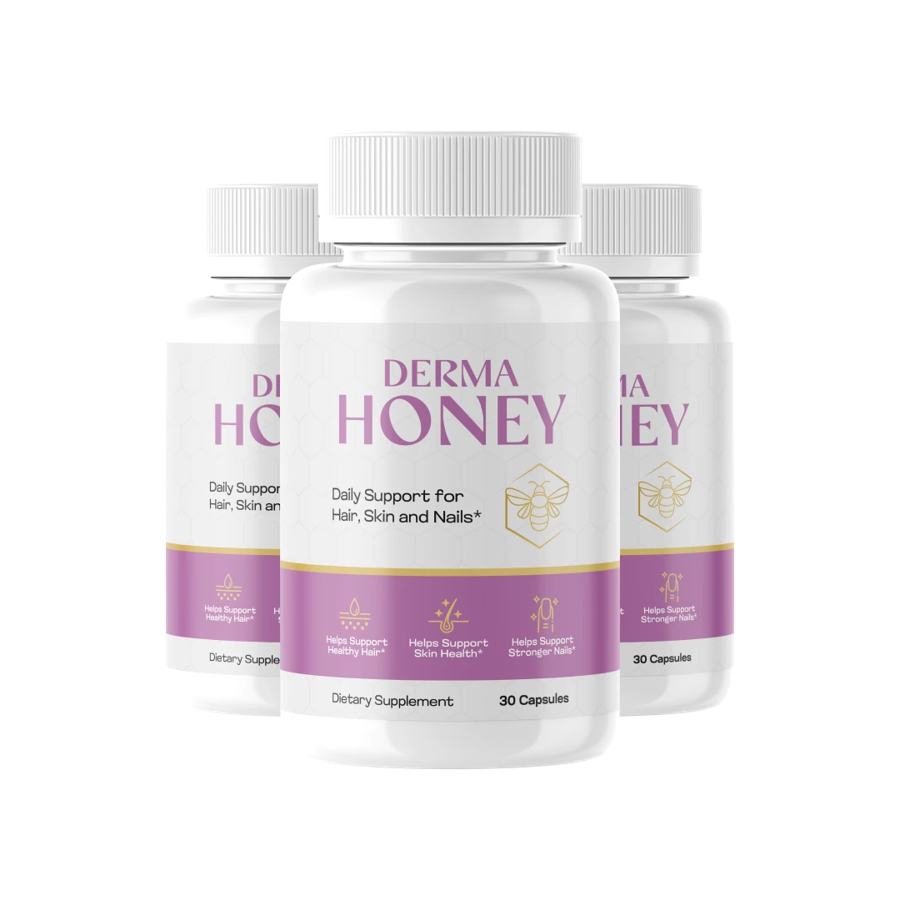 Three DermaHoney bottles for daily hair, skin and nail beauty support