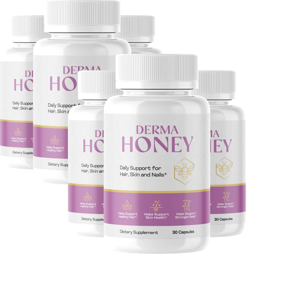 Group of five DermaHoney 30-capsule dietary supplement bottles